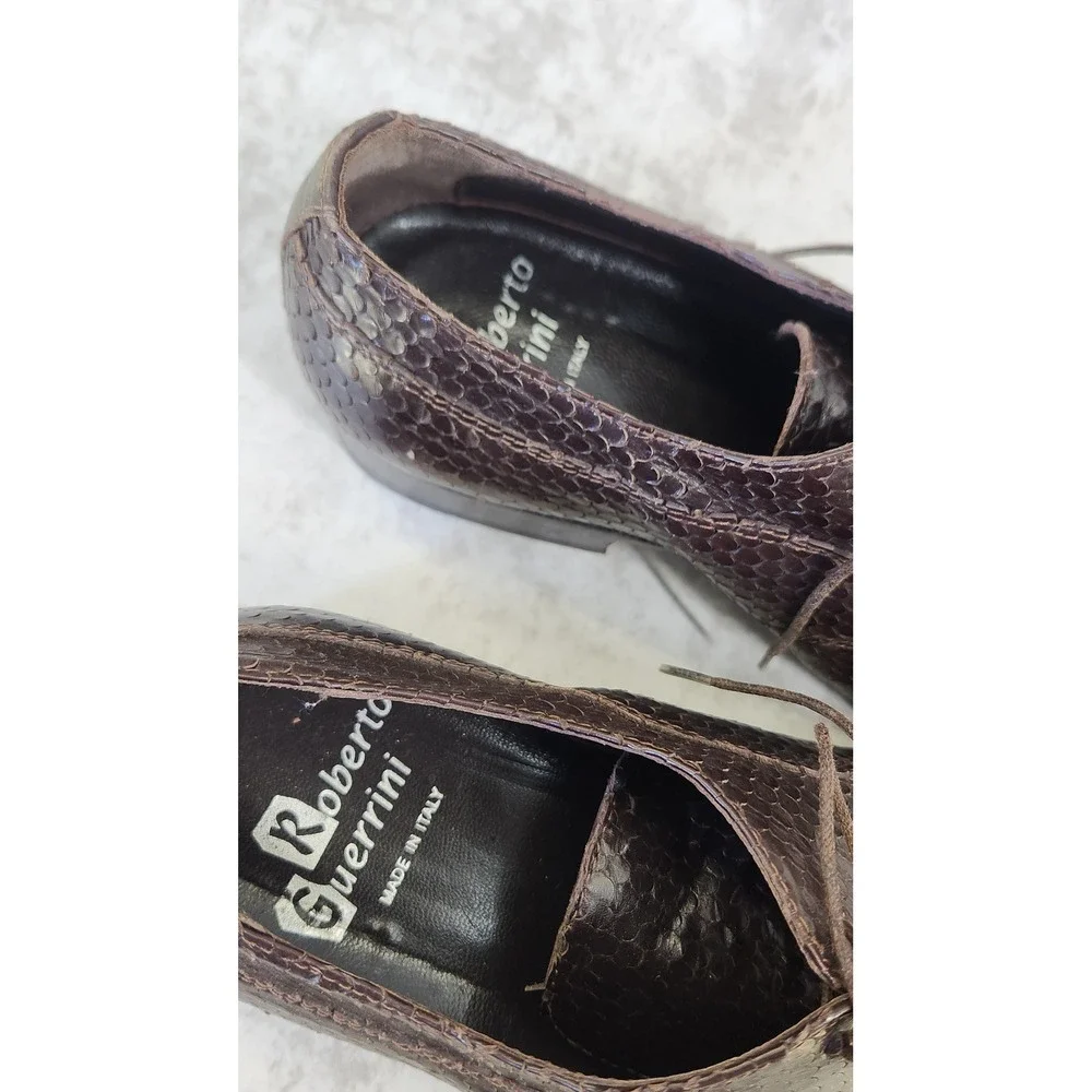 Roberto Guerrini Oxford Men 42 Brown Snakeskin Embossed Pointy Toe Italy Luxury